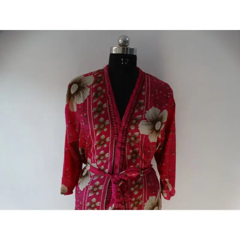 Vintage Indian Up-cycled Knee Length Bathrobe Pink- Colour Silk Saree Floral Kimono Sleepwear Handmade Maxi Gown Dress Style