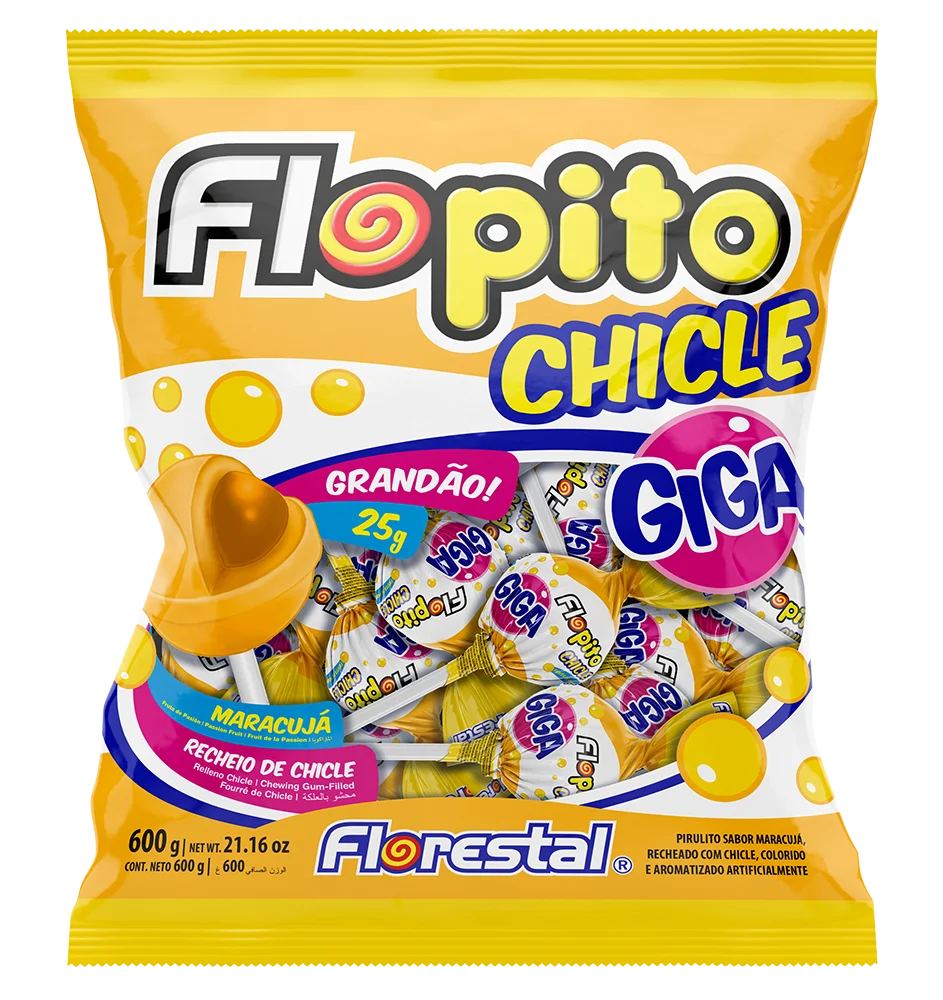 
82138 - Flopito Chewing Gum Giga Passion Fruit Ball Lollipop 25g 26x24un 