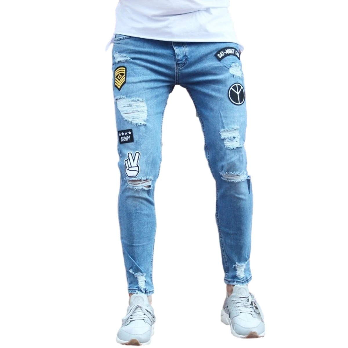 Casual 100% Cotton Men Jeans 2023 in Blue New with Knee Rips and Embroidery Straight Light Wash Mid Waist Lightweight Regular