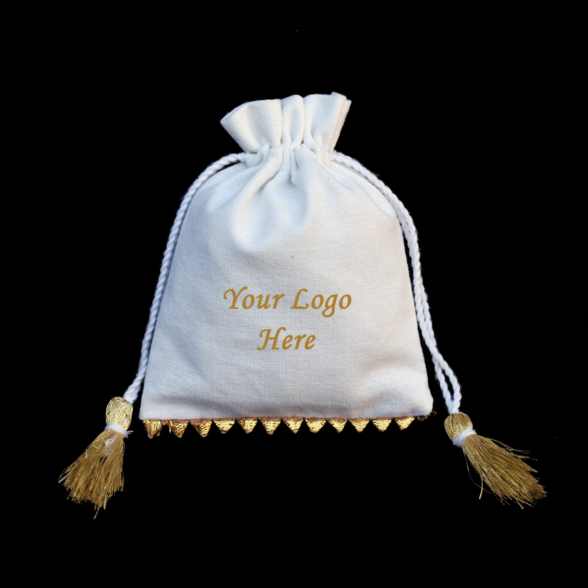 Customized logo White Promotional Gift Bags Drawstring Gold Tassels Latest Cotton Hot Selling Indian Jewelry Pouches wholesale