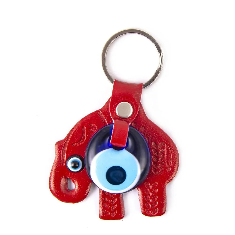 Elephant Shaped Evil Eye Beaded Imitation Leather Key Chain From Turkey
