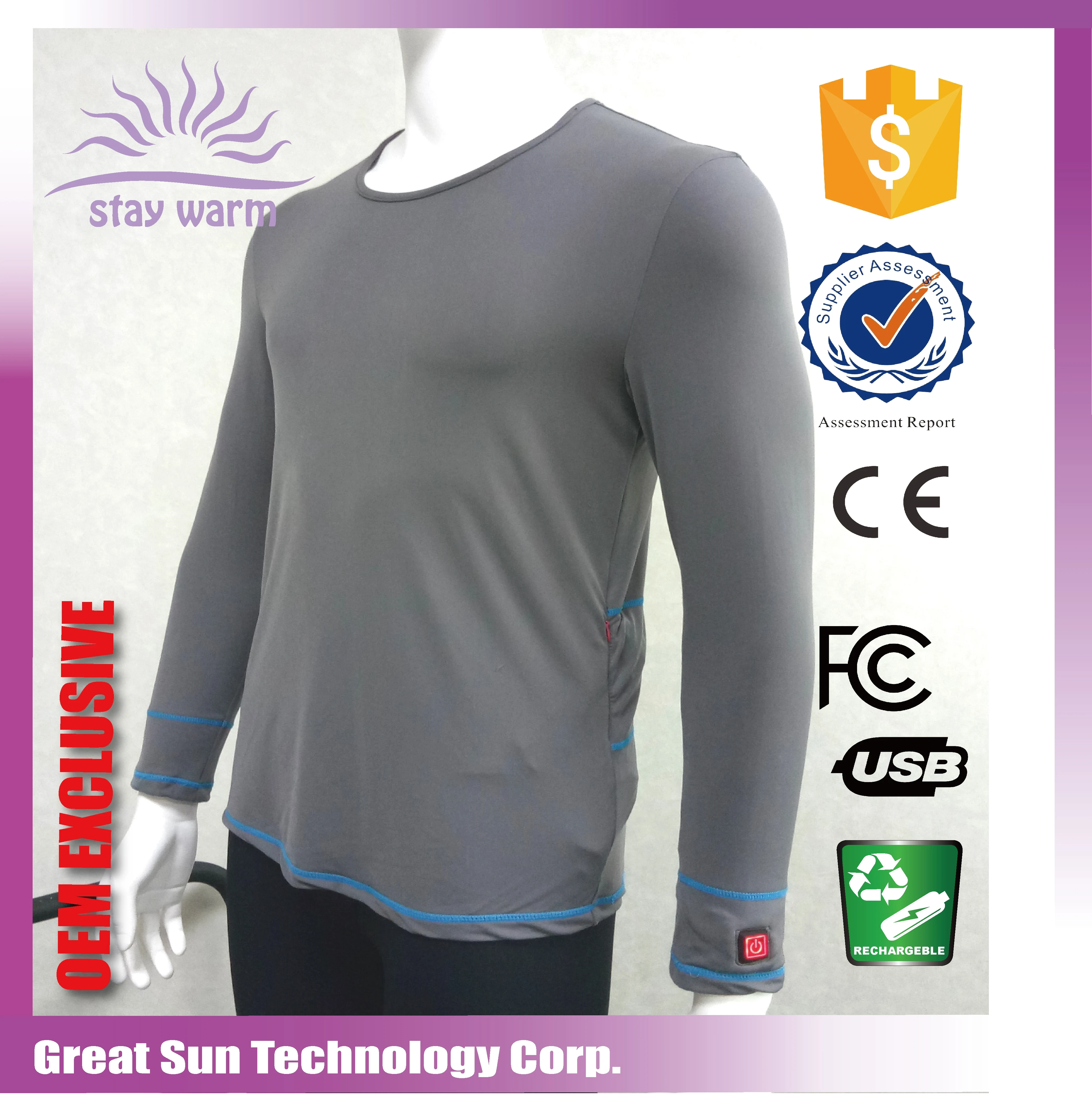 Unisex 7.4V 5V Battery Operated Electric Heated Base Layer Shirt For Camping Skiing Hunting