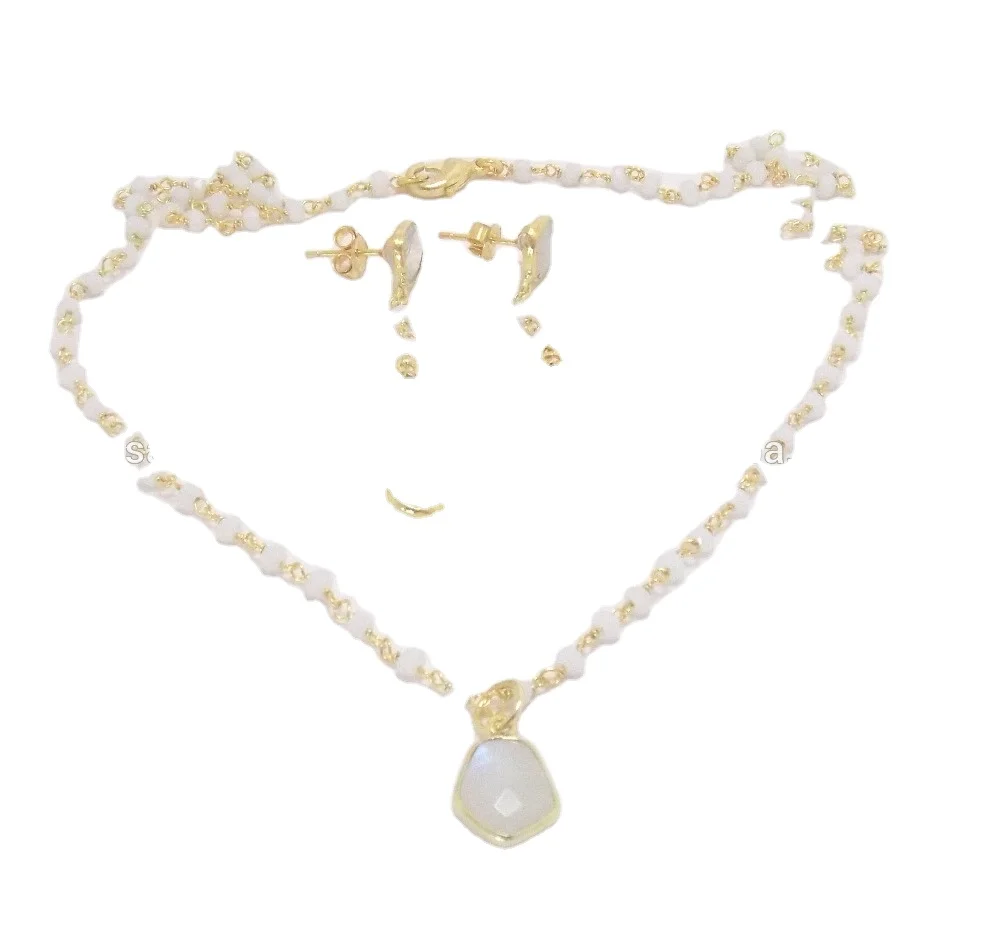 Beautiful Rainbow Moonstone Gemstone Jewelry Beaded Rosary Bezel Necklace Set