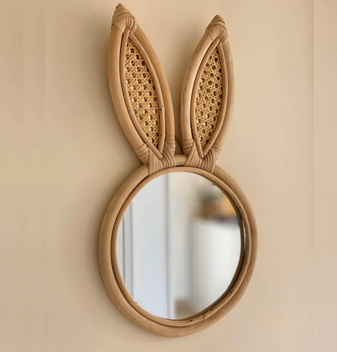 Hanging Rattan Framed Little Bear Mirror - trending rattan style Mirror - Animal shaped Mirror for Kid rooms
