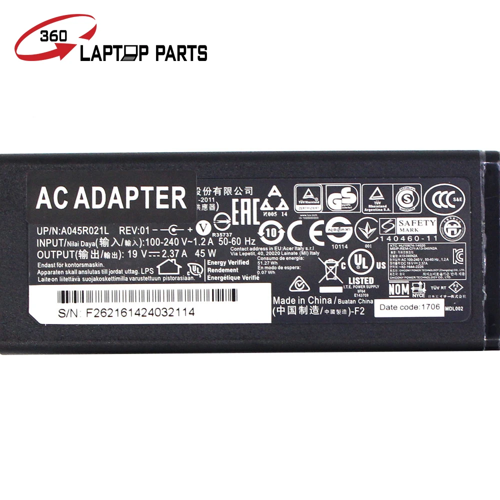 Новый 19V 2.37A 5 5*1 7 мм адаптер переменного тока питания для ноутбука acer A045R021L ADP-45HE B PA-1450-26 блок зарядного