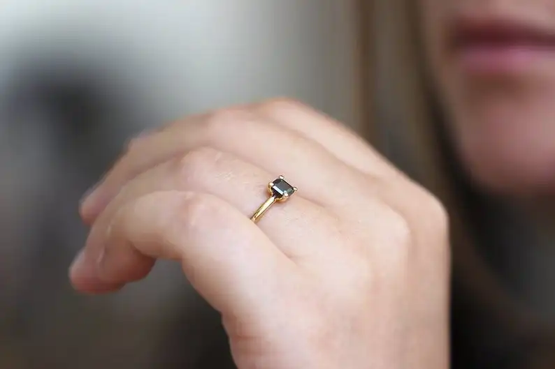 Generous Diamond Ring14k White gold stylish Engagement Ring, Rare Black CROWN Trendy designer jewelry