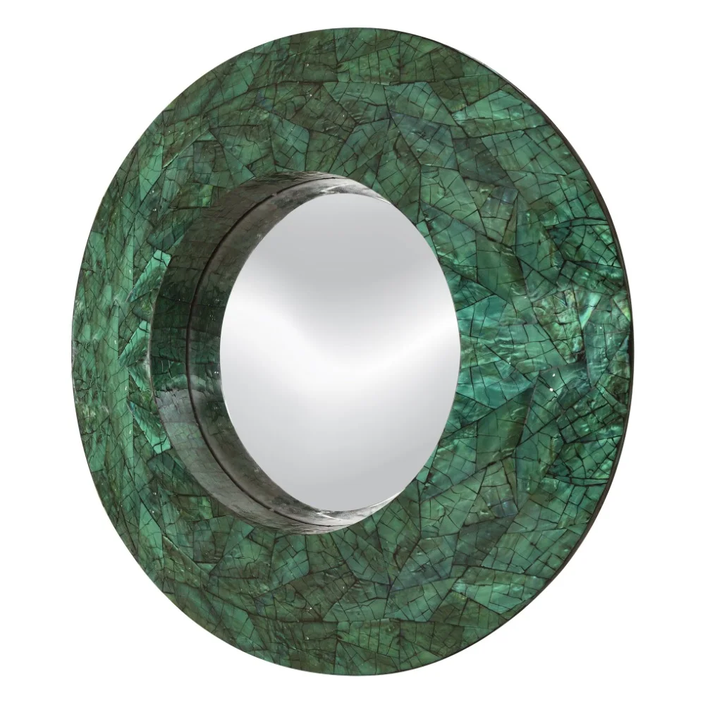 Handcrafted Round Wall Mirror Glass - Mother of Pearl Mirror Glass Wall Accent Coastal Entryway Round Framed 30inch Mirror Glass