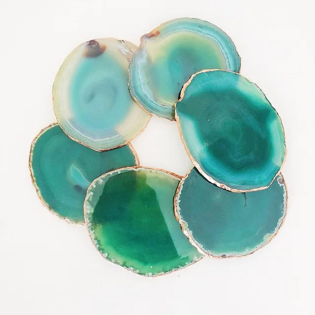 
Green Agate Coaster with Copper / Rose Gold Edge Agate Slice. 