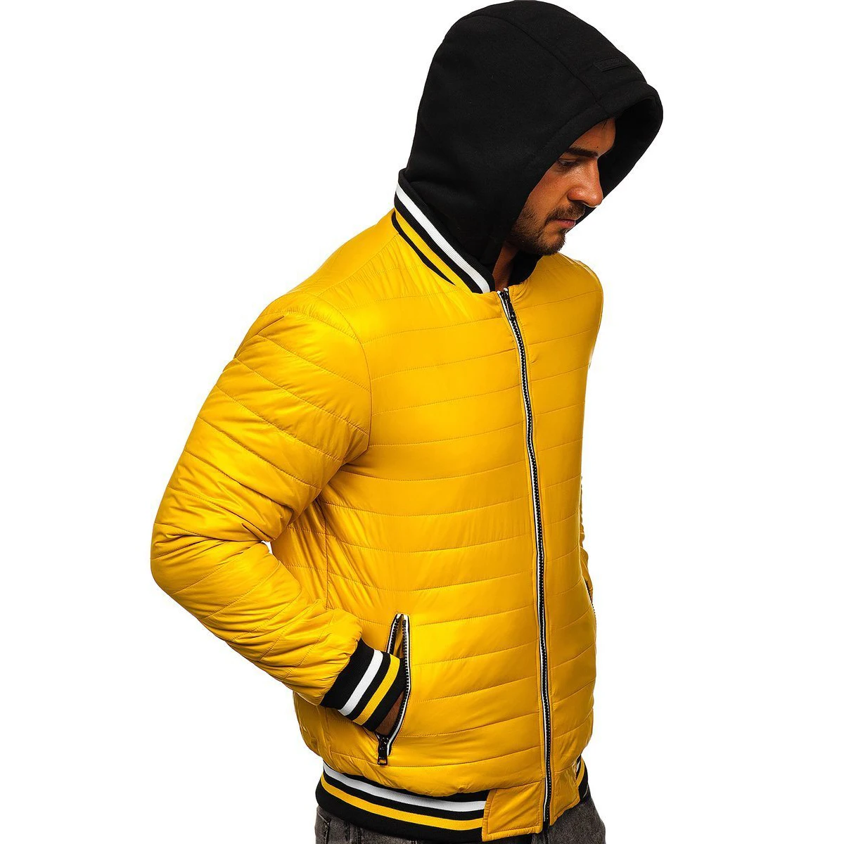 Мужская стеганая легкая куртка-бомбер с капюшоном желтая мужская куртка из натуральной кожи дышащая уличная зимняя