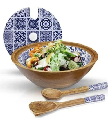 Latest Design Handmade Enamel Decorative Wooded Salad Bowl with Lid & Servers in Moroccan Blue Mango Wood Bowls with Tongs Set
