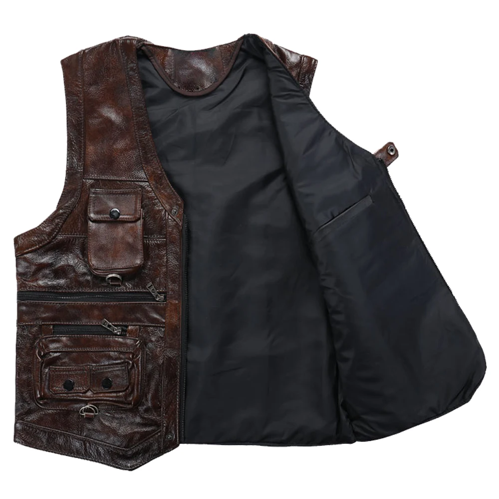 Мужской мотоциклетный жилет из натуральной овечьей кожи черно-коричневый кожаный с карманами зимняя куртка все цвета 2020