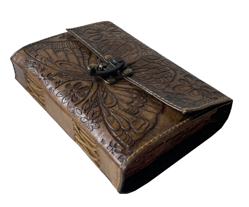 Handmade Leather Journal Vintage Butterfly Flower Embossed Deckle Edge Paper Writing Diary Office Notebook Handbook Sketchbook