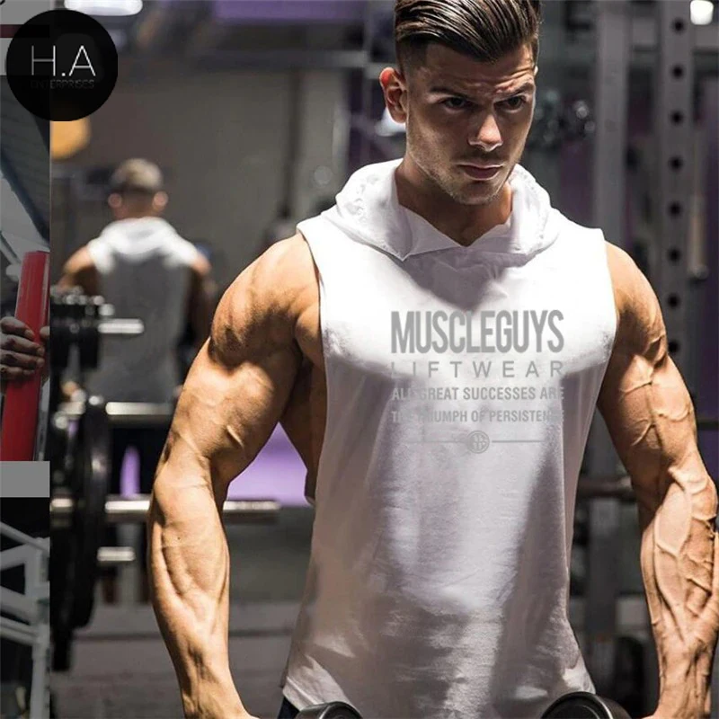 Sleeveless Shirt with hoody Brand gyms Clothing Fitness Men Bodybuilding stringer tank tops Hoodies singlets