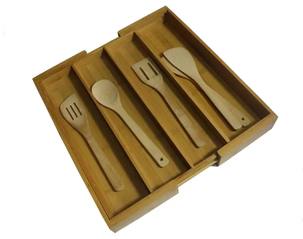 5 Slots Bamboo Tray Expandable Kitchen Drawer Organizer Bamboo Utensil Storage Tray
