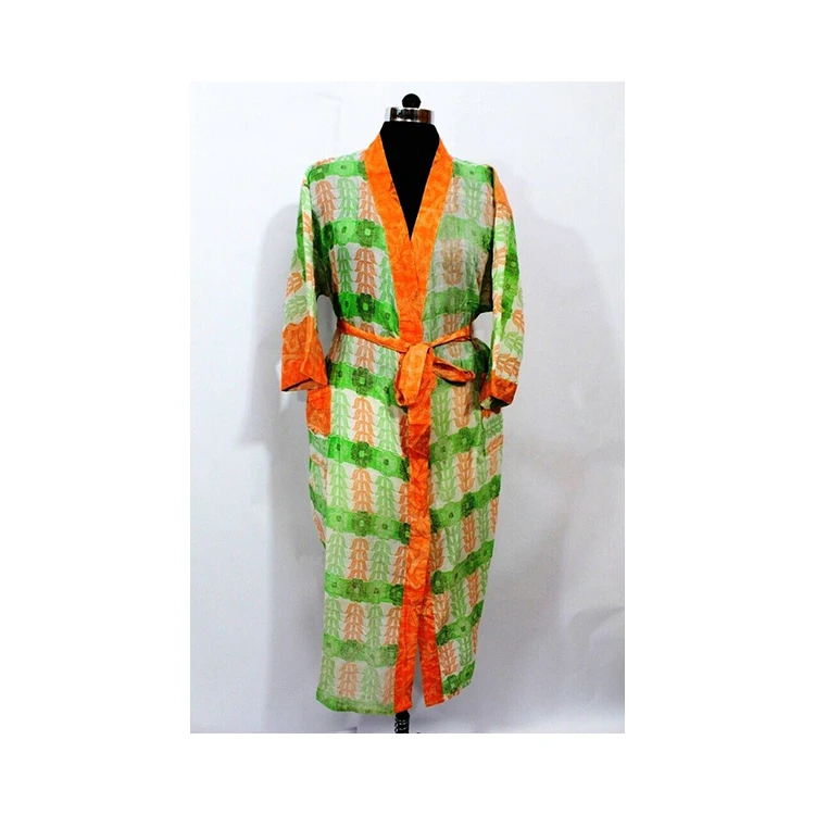 Premium Quality Linen Robe Vintage Silk Sari Printed Fashionable Kimono Robe with Double Front Pockets and Adjustable Belt