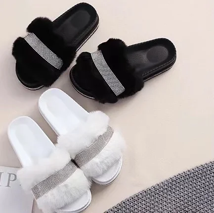 2021 Custom Fashion Soft Fluffy fox Fur slippers for Women Fur Slide for Women Custom logo Available