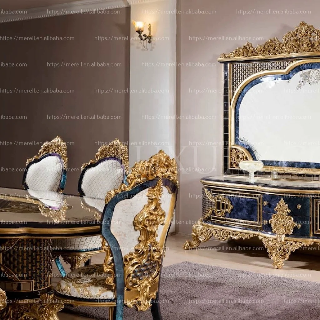 Grand Villa Royal Carved Wooden furniture  Baroque style European dining room table and chairs
