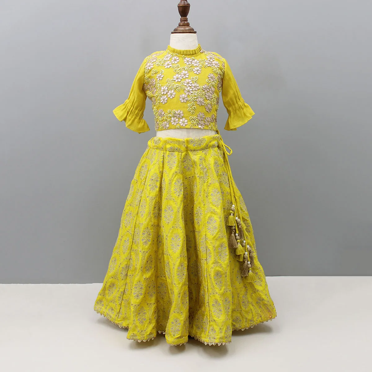 Finest Elements Exclusive Designs Girls Kids Wear Gota Flower Work Top Zari Thread Embroidered Lehenga Dupatta pleated frills