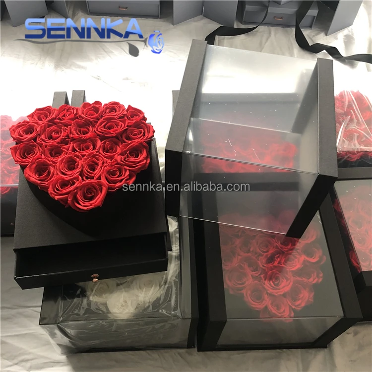Bases for Flower Arrangements Real Fresh Preserved Rose in Black Heartshaped Gift Box with Ribbon