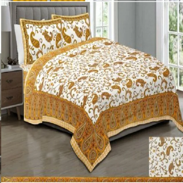 High Classical Finishing Handmade Floral Printed Comfort Cotton Double Bed Sheet Flat Sheet with 2 Pillow Covers