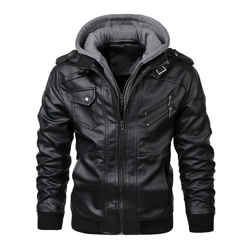 2021 New Outdoor wear Men Cool Leather Hoodie Style Jacket Men Zipper Collar Factory Direct High Quality Men Leather Jacket