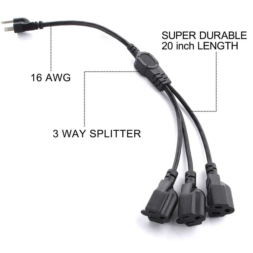 
1 to 3 Outlet Power Splitter Cord 3.3ft/1m 16AWG Heavy Duty Cable Strip Outlet Saver US Plug - NEMA 5-15P to NEMA 5-15R 