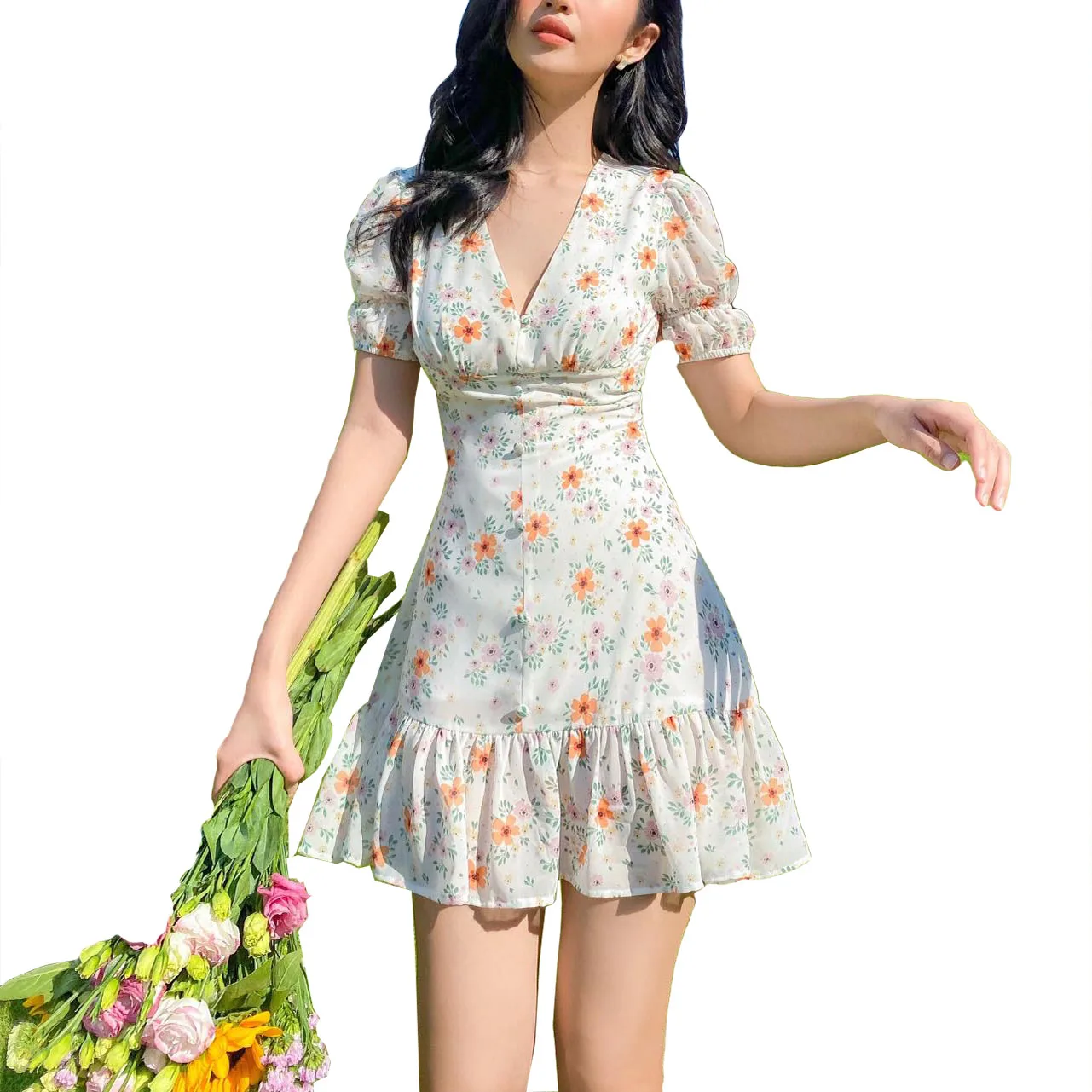 2021 последняя в Корейском стиле; Сезон лето Модные V образным вырезом с коротким рукавом мини-платье цветочным принтом шифоновое женское платье-мини для женщин