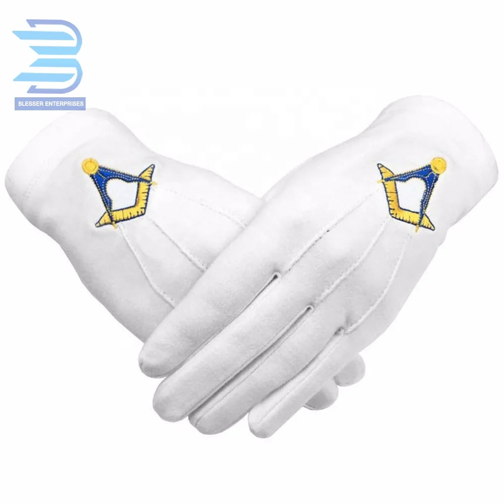 Masonic Gloves Cotton Blue Square and Compass Machine Embroidery