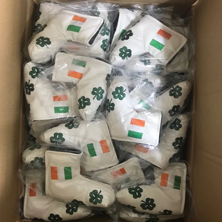 wholesale white pu Green Shamrock stitched golf blade putter club head covers with magnet closure