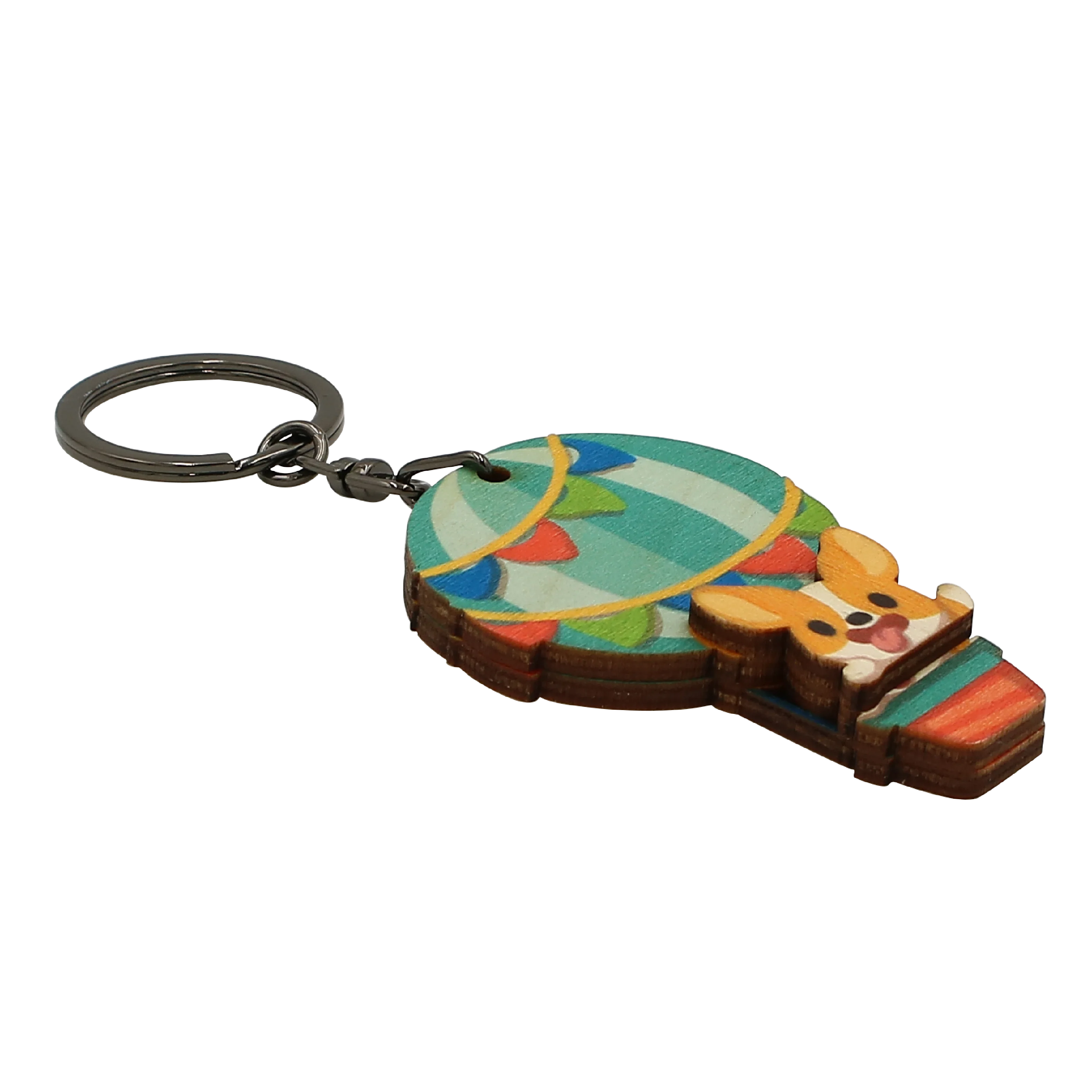 Custom Design Available Hot Air Ballon Corgi Dog Wooden Keychain for Promotional Gifts
