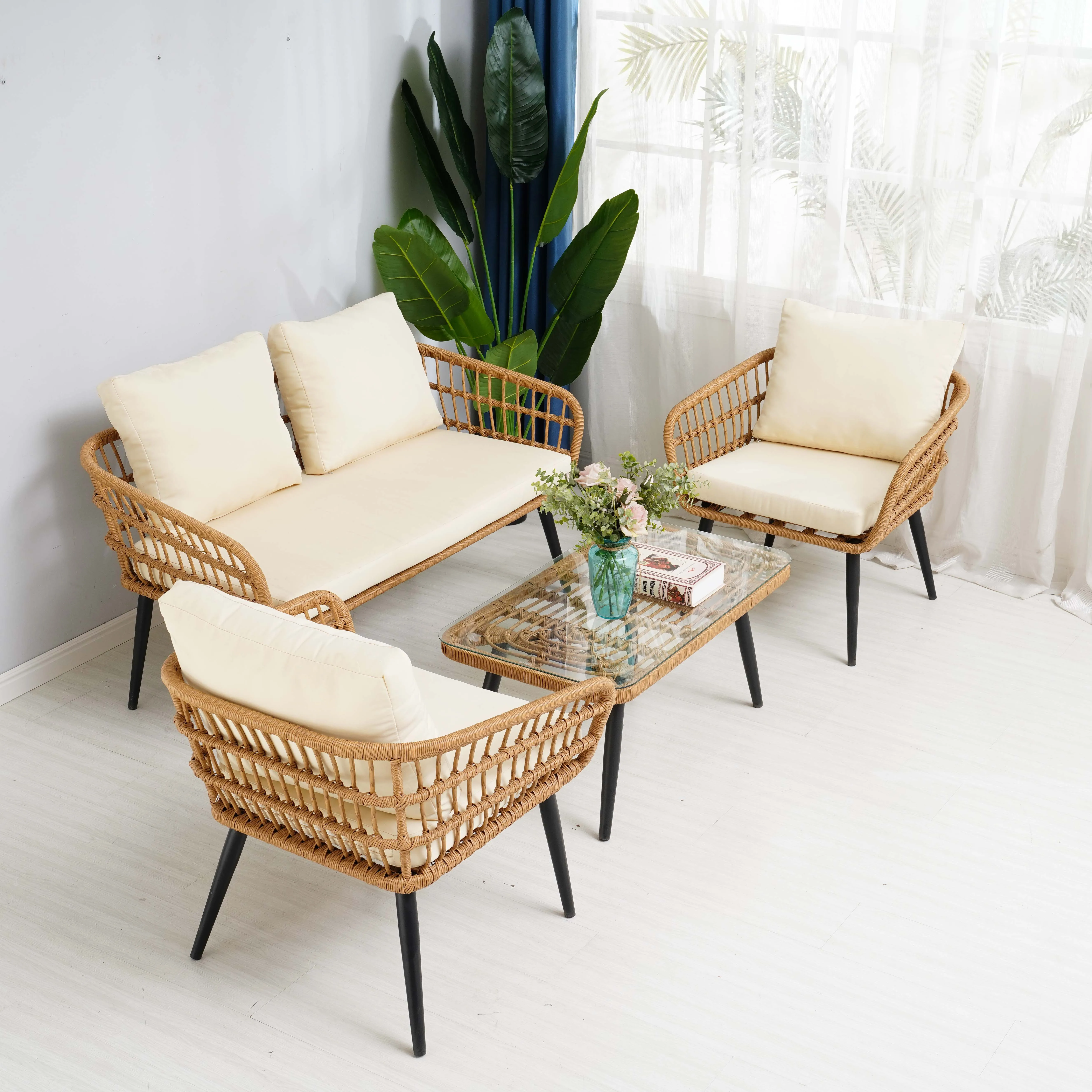 2022 Hot Sale Outdoor Garden Patio Corner Synthetic Dining Table And Chair Rattan Set Furniture