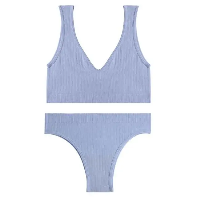 FINETOO Deep V Tops Panties Set Seamless Bralette Women M-XL Sexy Bra Set Backless Underwear Suit Girl Crop Top Underpants Set