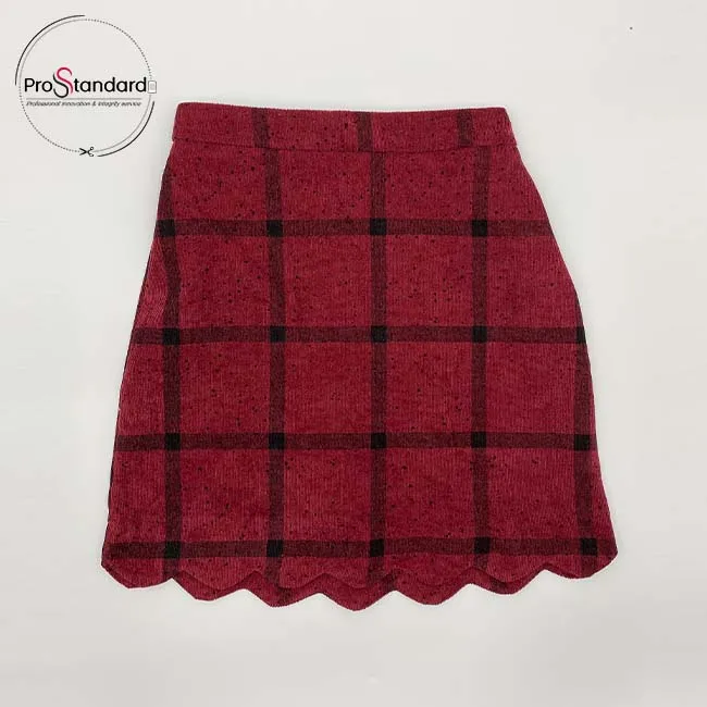 
New Fashion Design Petal Hem Cute Girls Burgundy Plaid Mini Skirt Wholesale 