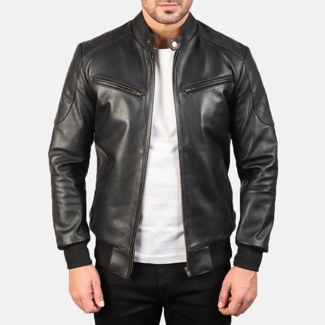 Mens Leather Jacket Hand Made Black Leather Jacket With Snap Button Jacket Top Quality Leather wear