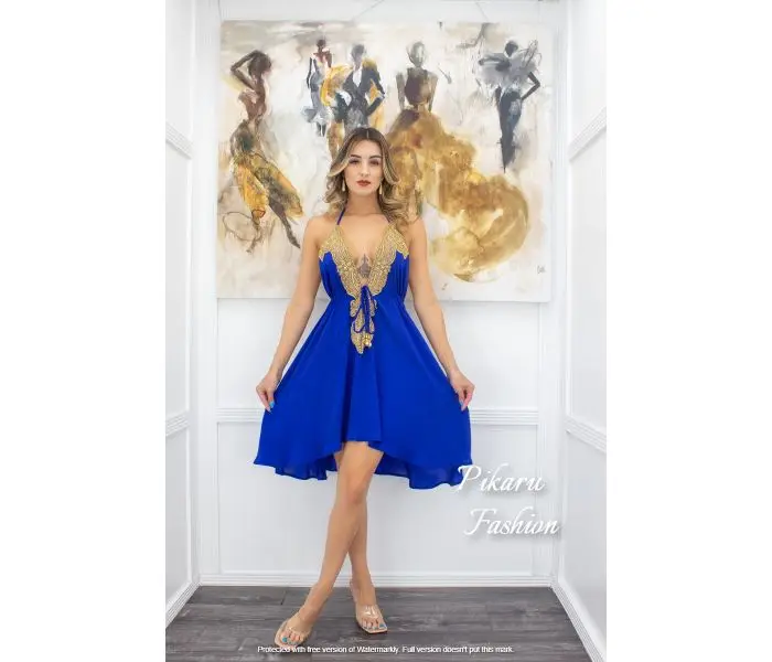 Women Sexy Party Wear Mini Dresses Embroidery Beaded Work Sleeveless Deep V-Neck Stylish Short Dress