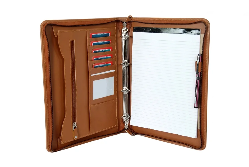  Leather ring binder zip closure folder with 3