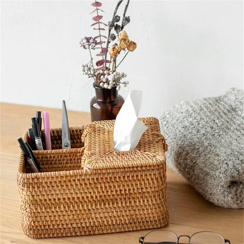 100% natural rattan napkin holder rattan tissue box wicker separated storage basket with lid made in Vietnam