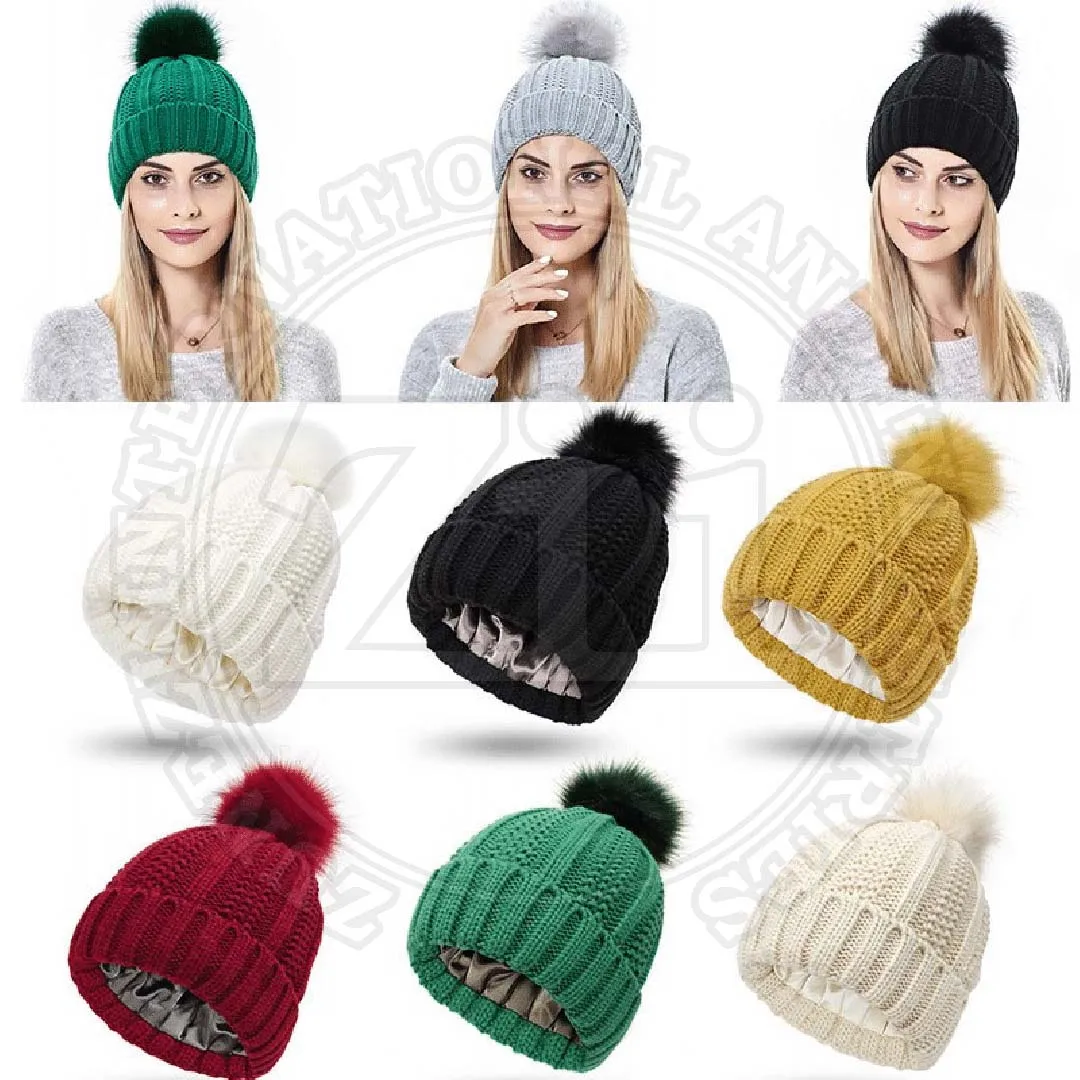 Hat warm fur ball cap pom poms winter hat for women knitted beanies cap brand thick female cap winter hat logo beanie satin line