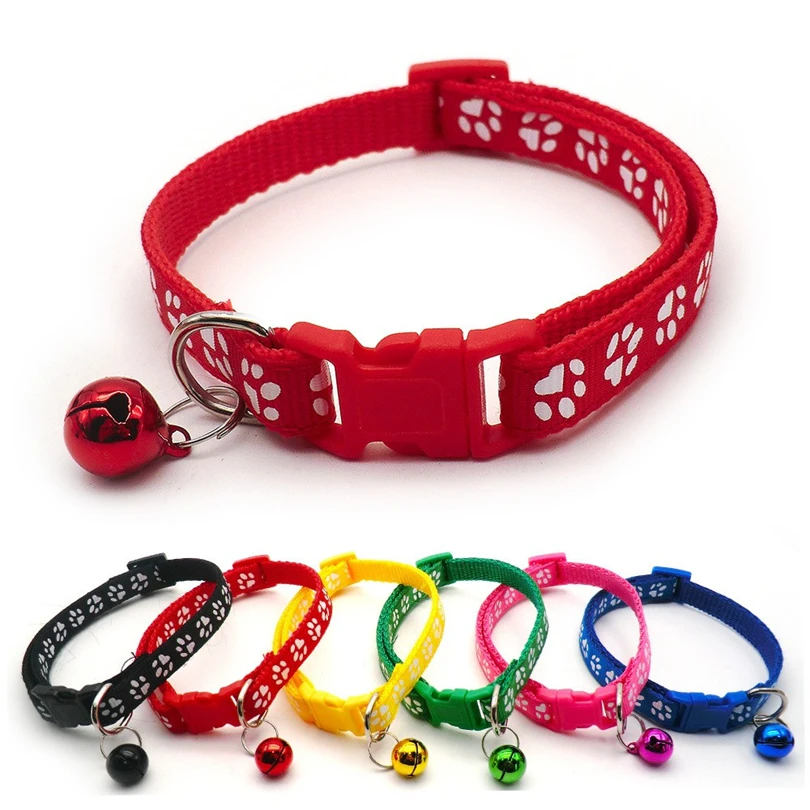 Manufacturer wholesale multi-colors paw print adjustable nylon cat dog collar with bell