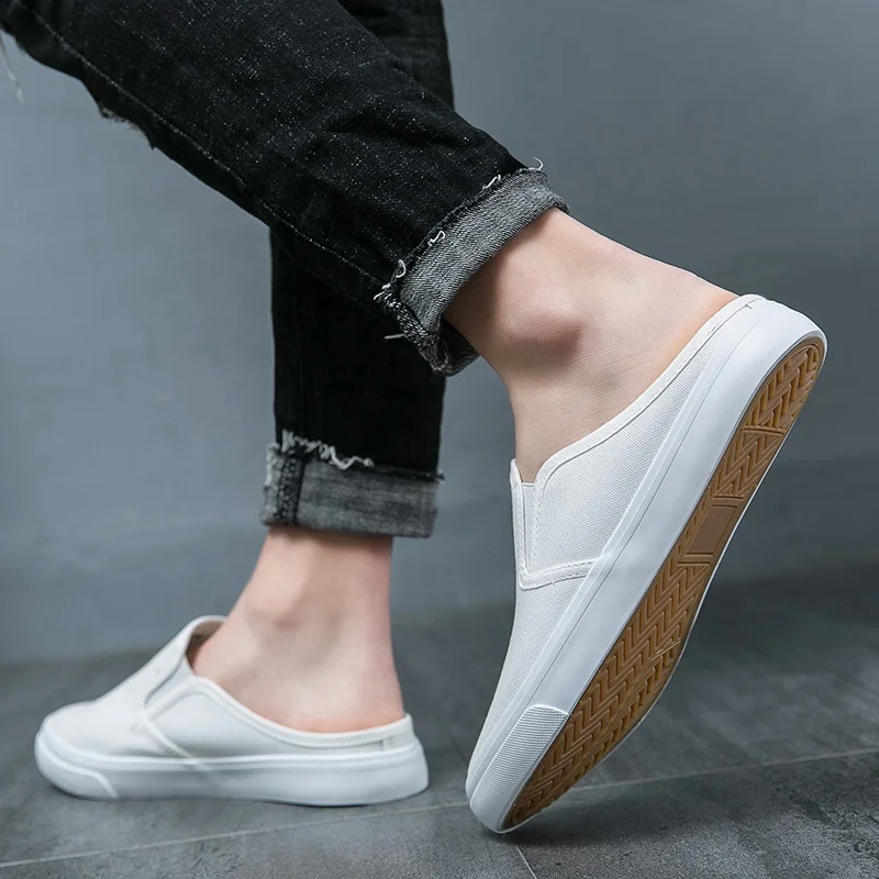 Low Moq Slip On Blank Black White Sneakers half the slippers Breathable Men Canvas Shoes Casual
