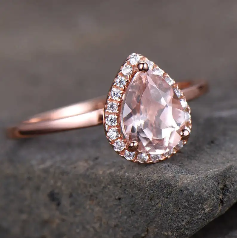 Pear Cut Morganite Engagement Ring 6 x 8 mm Rose Gold Plated Plain Band Minimalist 925 Sterling Silver Bridal