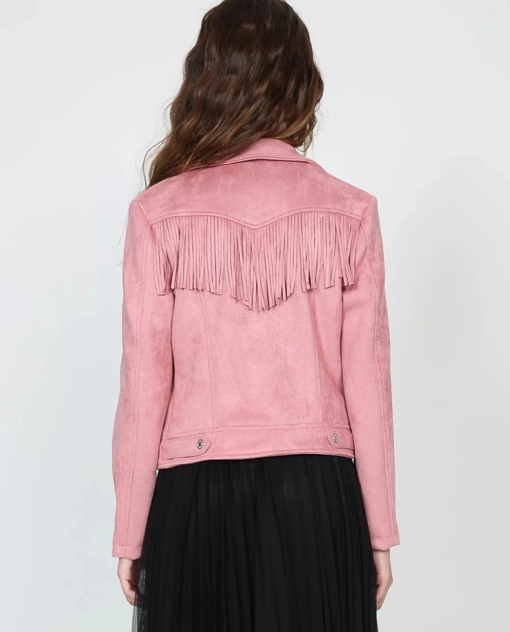 
Women New Long Sleeve Back Tassels Long Leather Tassels Jacket The Misfit Fringe Color Brown Slim Boyfriend Style PU Jacket Coat 