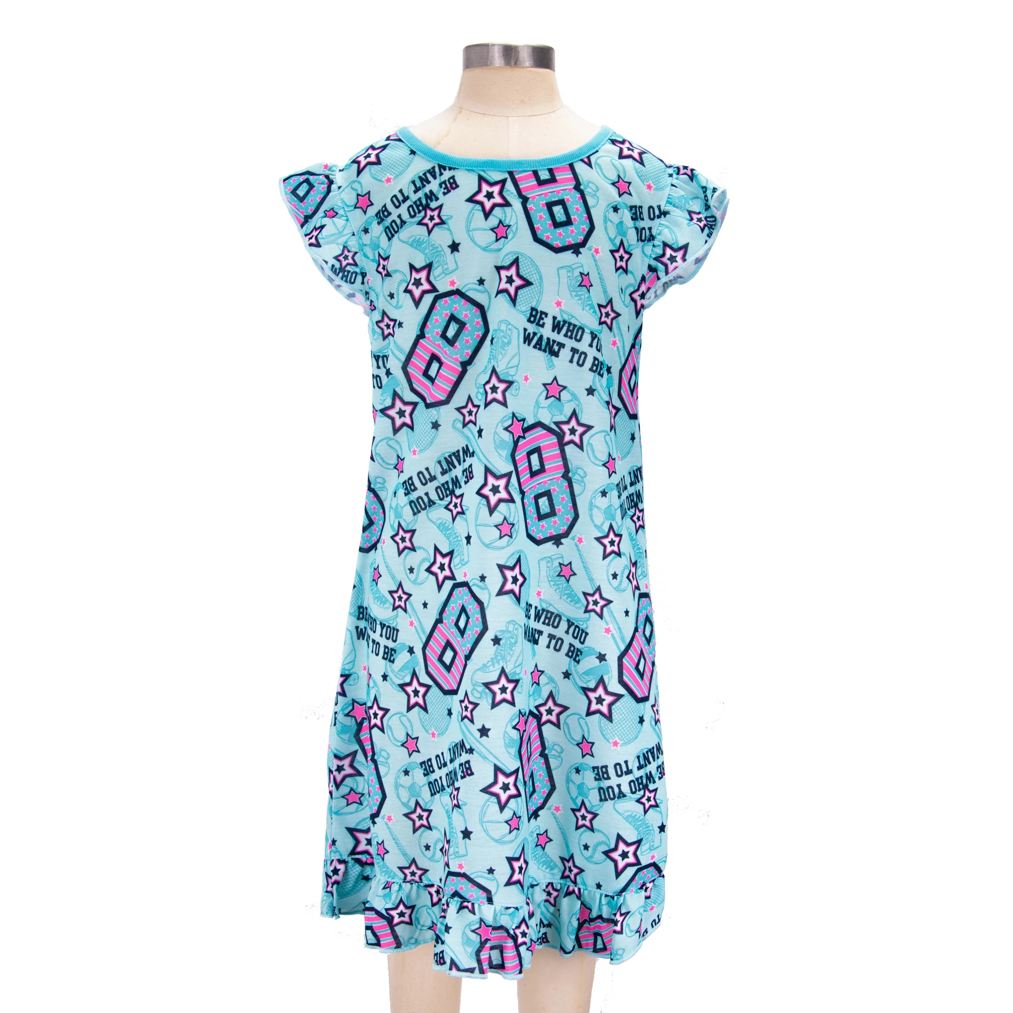 One piece Girl sublimation all over printing lovely blue sleepwear fashion print clothing ruffle sleeve top night dress for kids