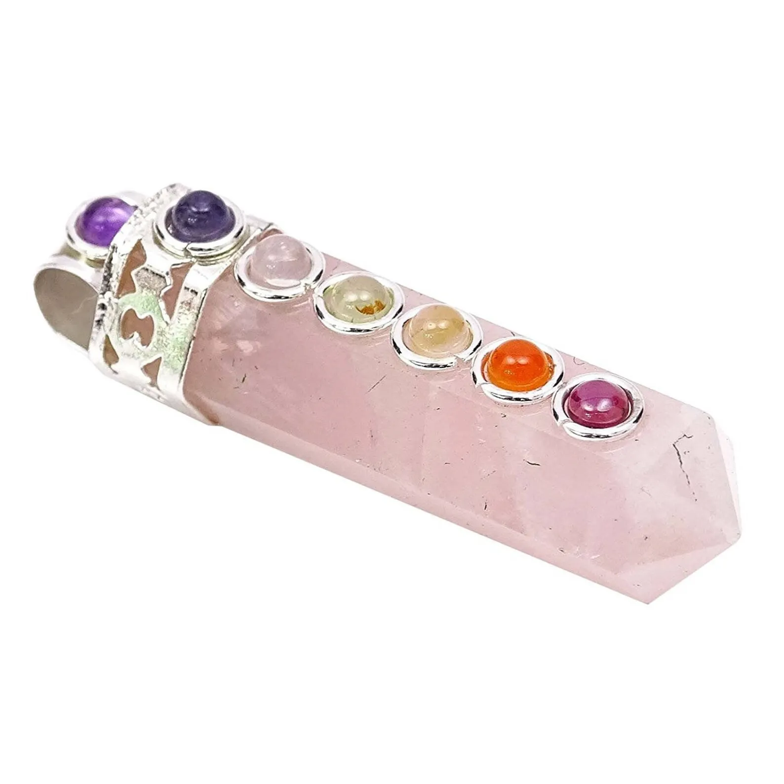 Pink Pencil Stone Reiki Healing Spiritual Wand 7 Chakra Pendant Quartz Silver Natural Rose Orthodox Heart Party Tibetan Silver