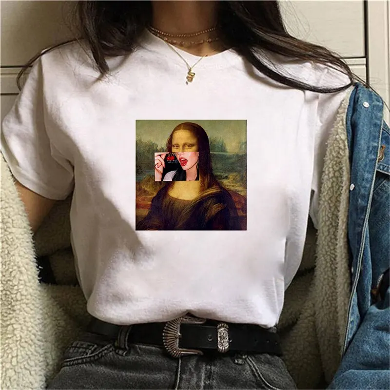 
Mona Lisa Painting Women T-shirts artistic oil painting Harajuku aesthetic Custom made oversized t shirt korean clothes 