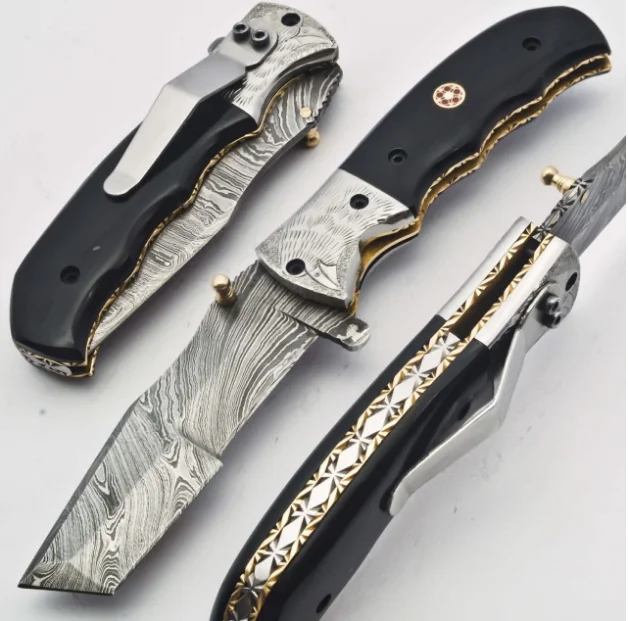
 Просто потрясающие индивидуальный дизайн ручной работы из дамасской стали зажим Танто складной нож с черной Рог ручкой и работы с файлами  