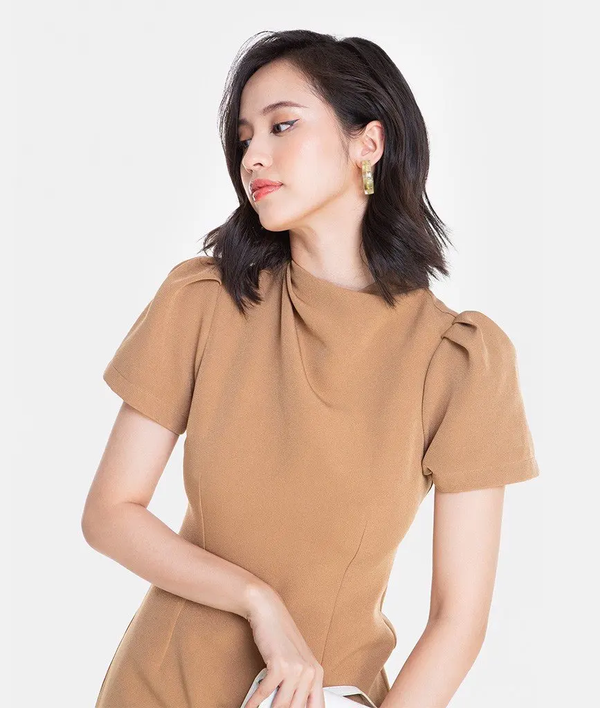 New Fashion Puff Sleeve Dress Half High Collar Slim Eastern Style Dress Women A-line Basic Dress Made in Vietnam
