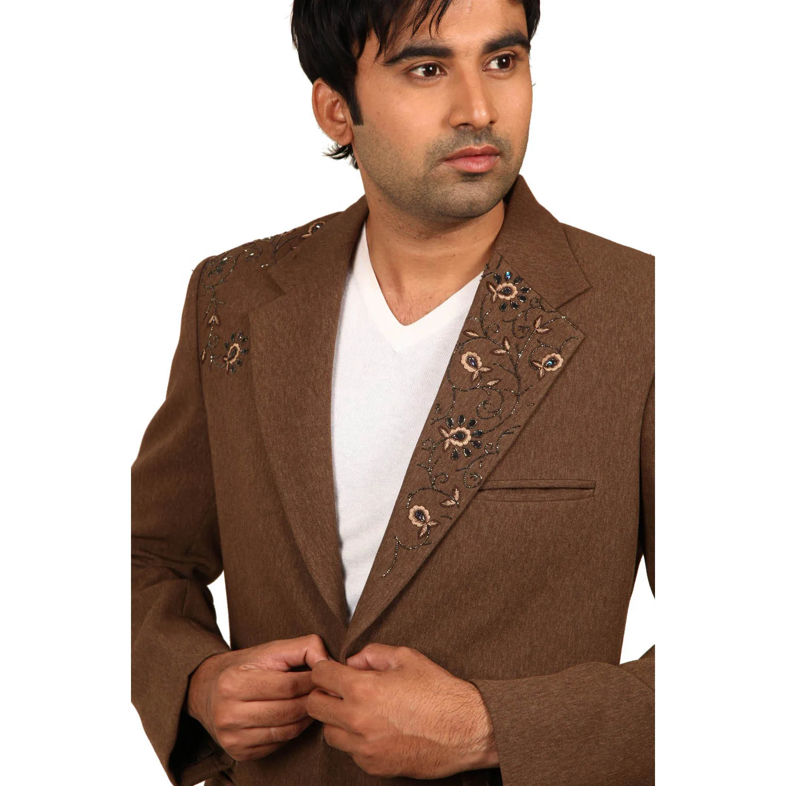 
Notch Lapel Brown Traditional Indian Jodhpuri Suit Sherwani For Men Embellished With Cut Dana Copper Gulab And Shiny Stones 