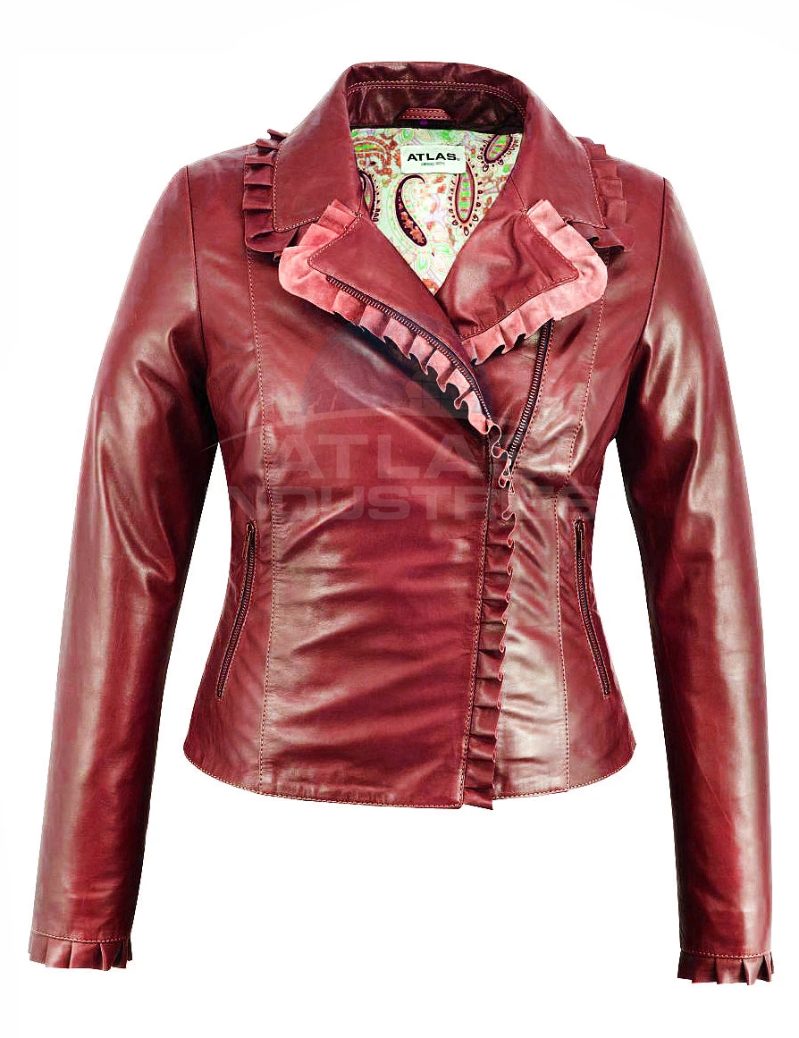 
Женская куртка из розовой кожи с оборками, модная куртка из натуральной овечьей кожи, аксессуары из античной латуни и сатиновая подкладка 