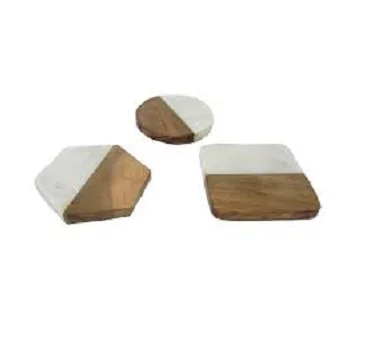 good Custom Round Wood and Marble Tea Coaster Manufacturer and Exporter Handmade Design White Marble and Acacia Wood Tea Coaster